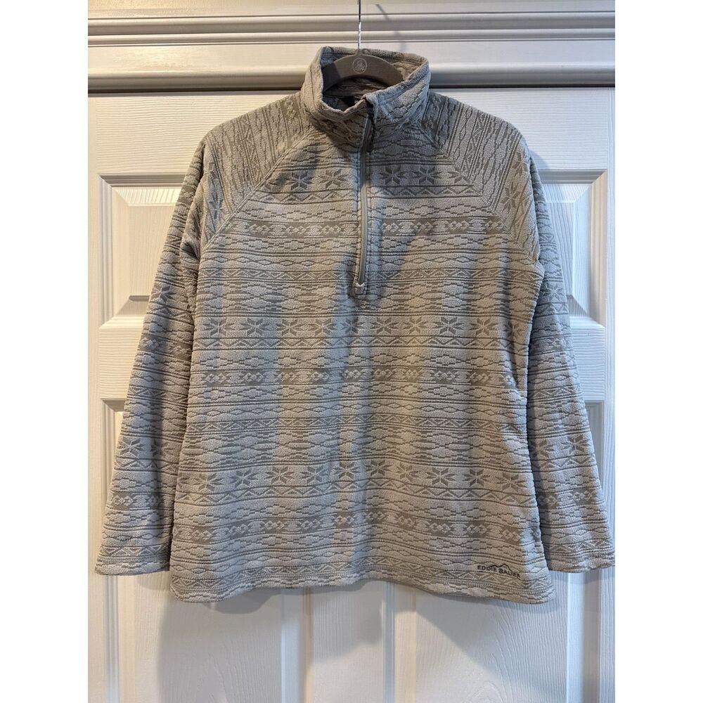Eddie Bauer Quarter Zip Fleece Pullover Textured Aztec Pattern Womens L Gray